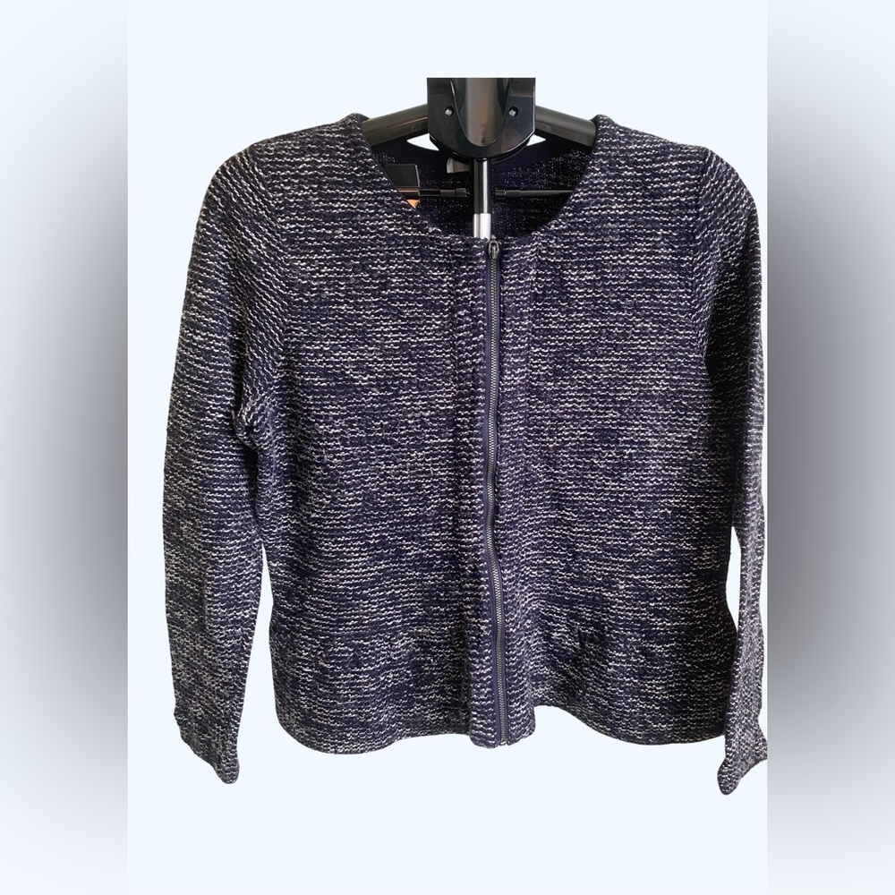 CHICO'S Women’s Cardigan Sweater Tierra Tweed Full Zip Sz 2 Ink Blue Career L